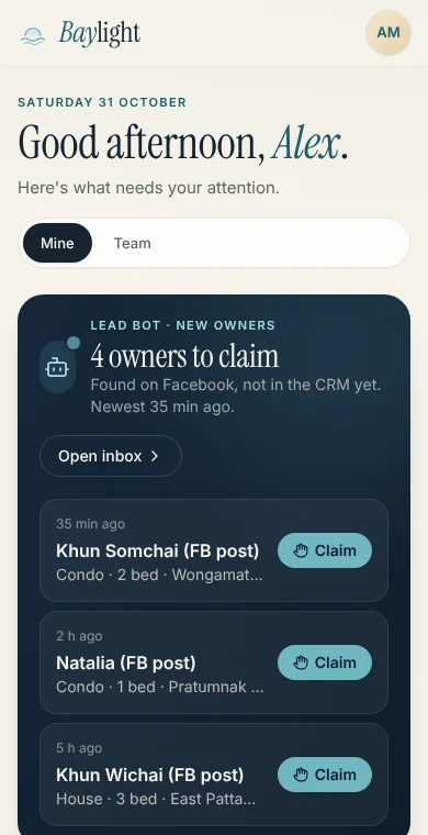 Banaroo team app showing the lead bot inbox with owners to claim